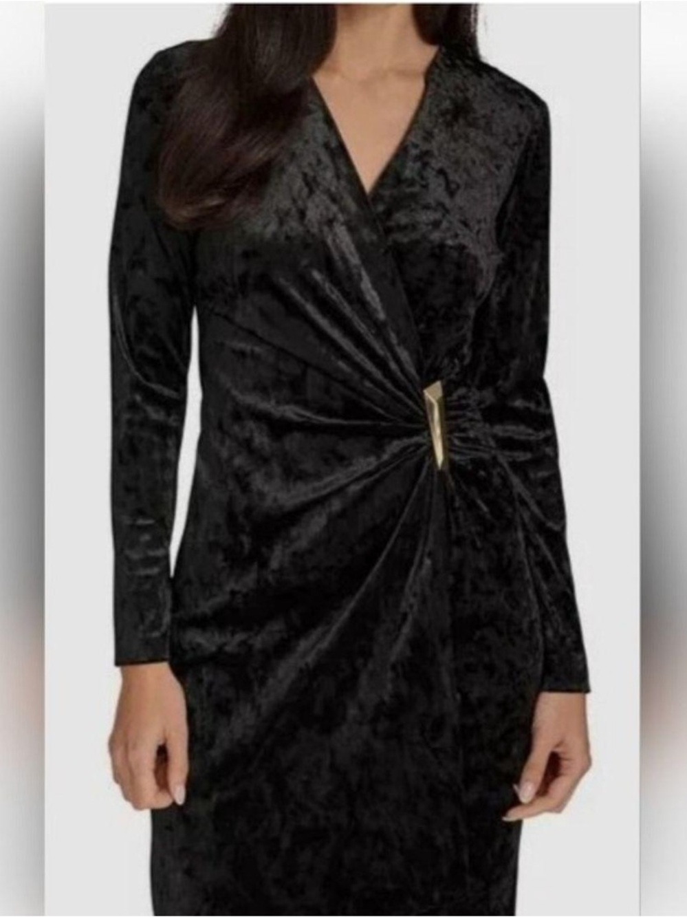Calvin Klein Black Velvet Long-Sleeve Twist Dress with Gold Accent Sz 12